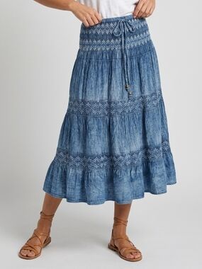 Lapis Blue Tiered Embroidered Skirt